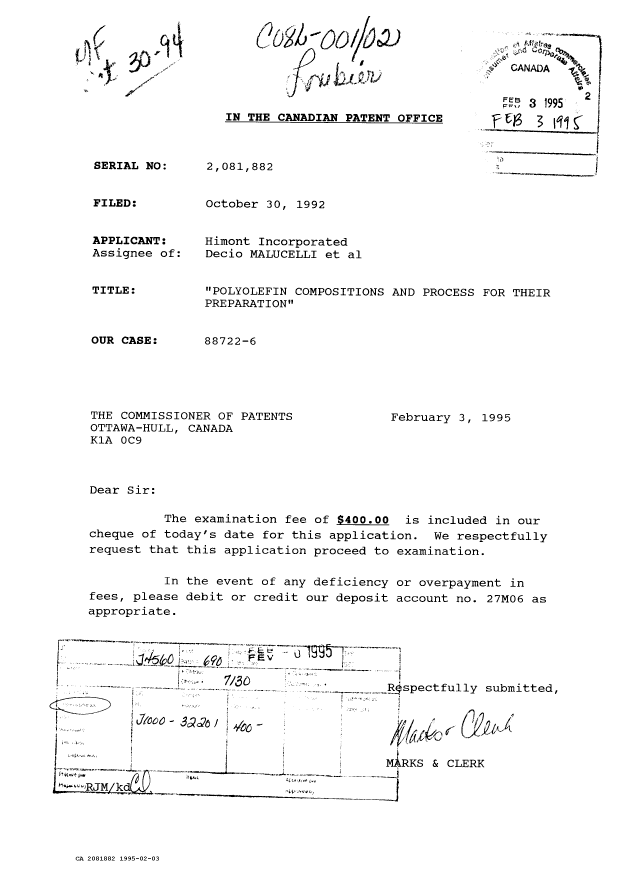 Document de brevet canadien 2081882. Correspondance de la poursuite 19950203. Image 1 de 1