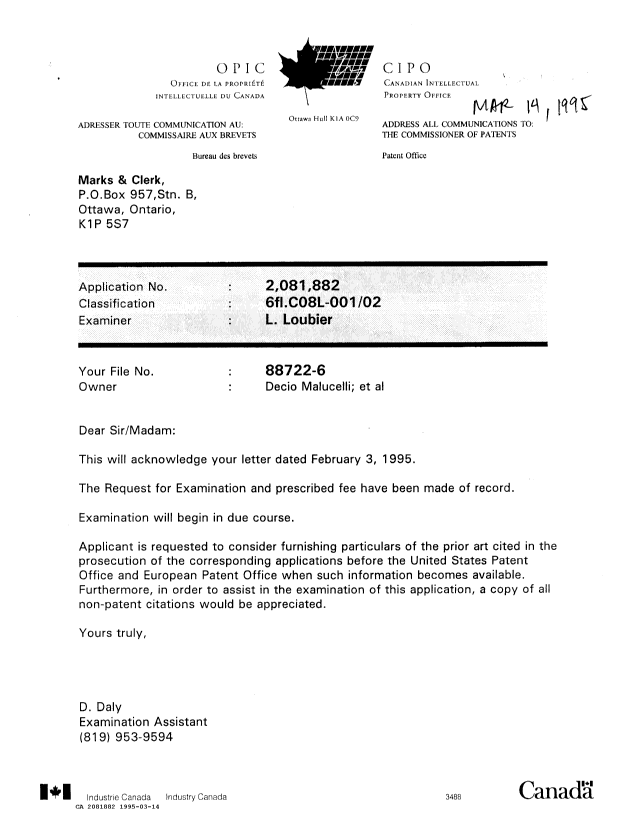 Document de brevet canadien 2081882. Lettre du bureau 19950314. Image 1 de 1