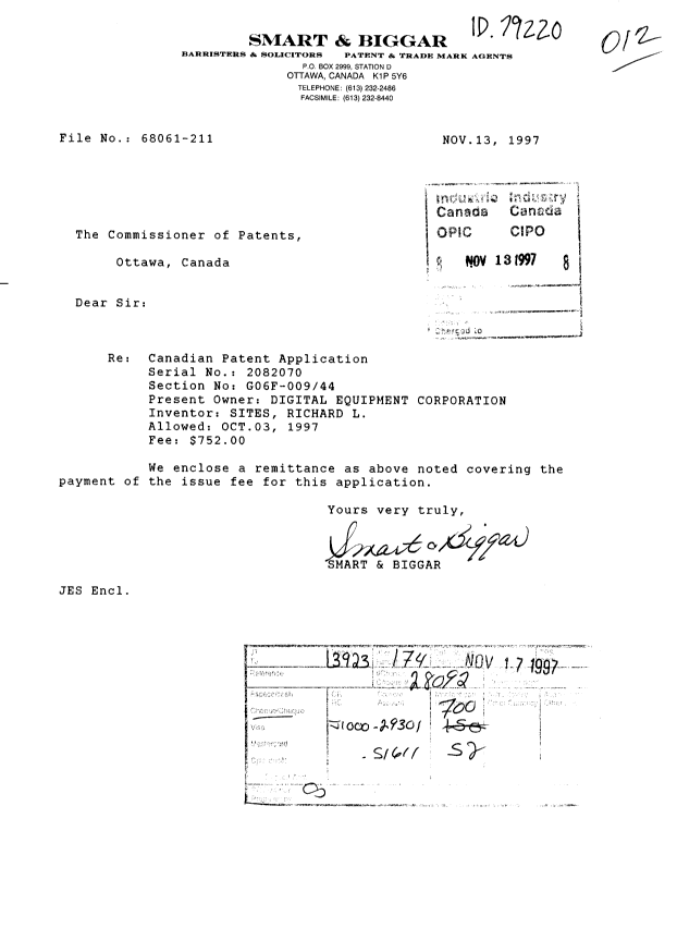 Canadian Patent Document 2082070. Correspondence 19961213. Image 1 of 1