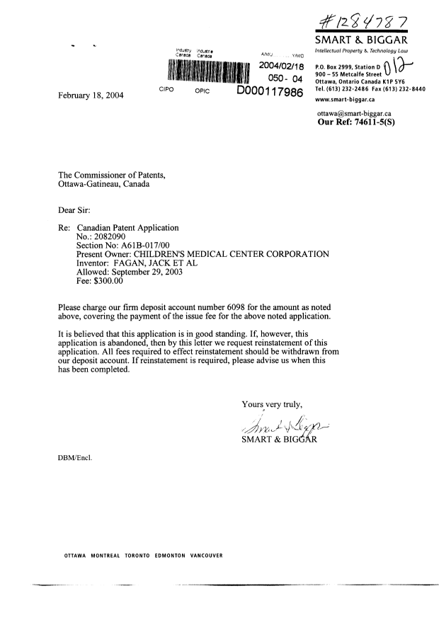 Document de brevet canadien 2082090. Correspondance 20040218. Image 1 de 1