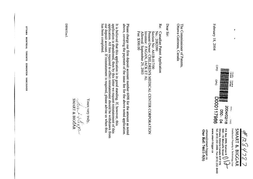 Canadian Patent Document 2082090. Correspondence 20040218. Image 1 of 1