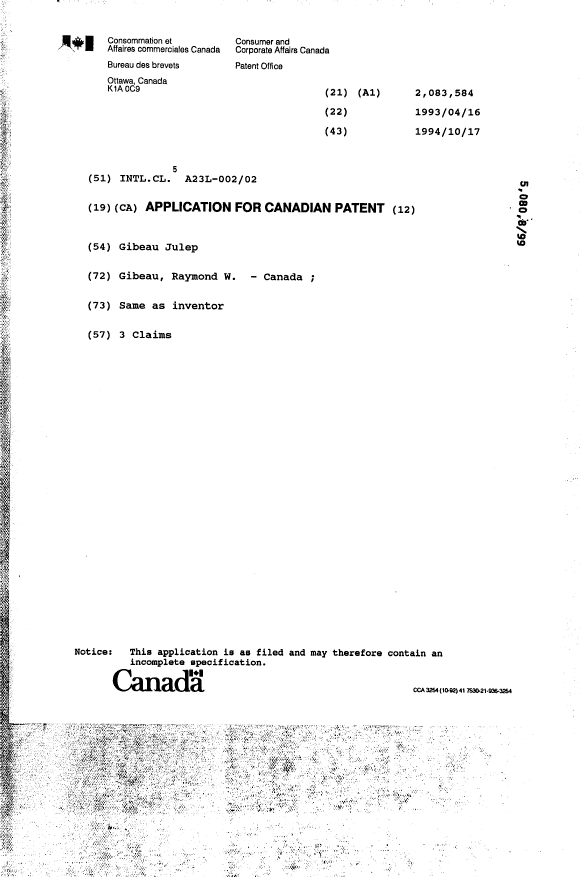 Document de brevet canadien 2083584. Page couverture 19951210. Image 1 de 1