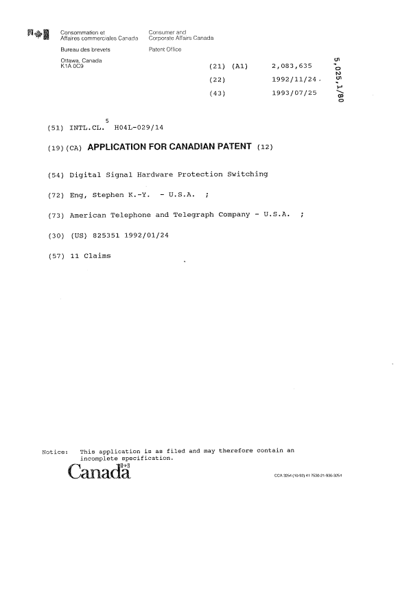 Document de brevet canadien 2083635. Page couverture 19931218. Image 1 de 1