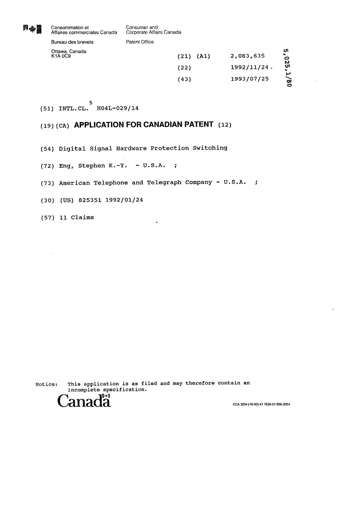 Canadian Patent Document 2083635. Cover Page 19931218. Image 1 of 1