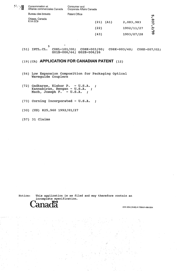 Canadian Patent Document 2083983. Cover Page 19940121. Image 1 of 1