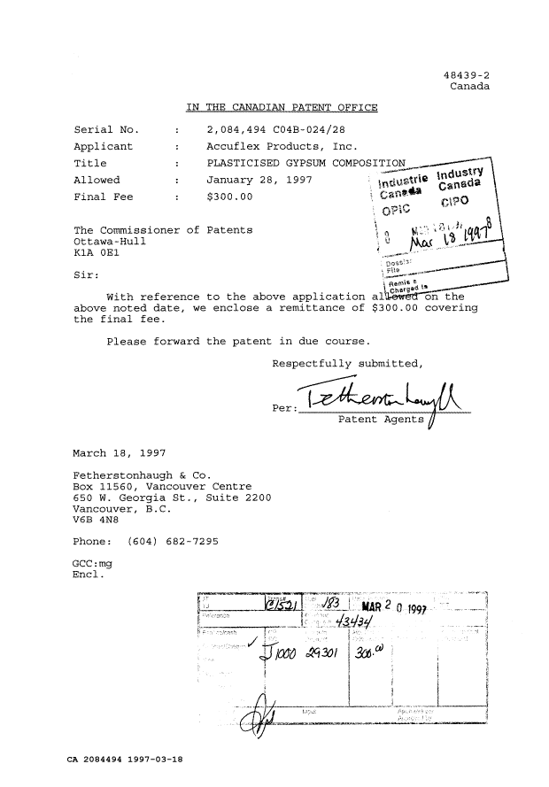 Canadian Patent Document 2084494. Correspondence 19961218. Image 1 of 1