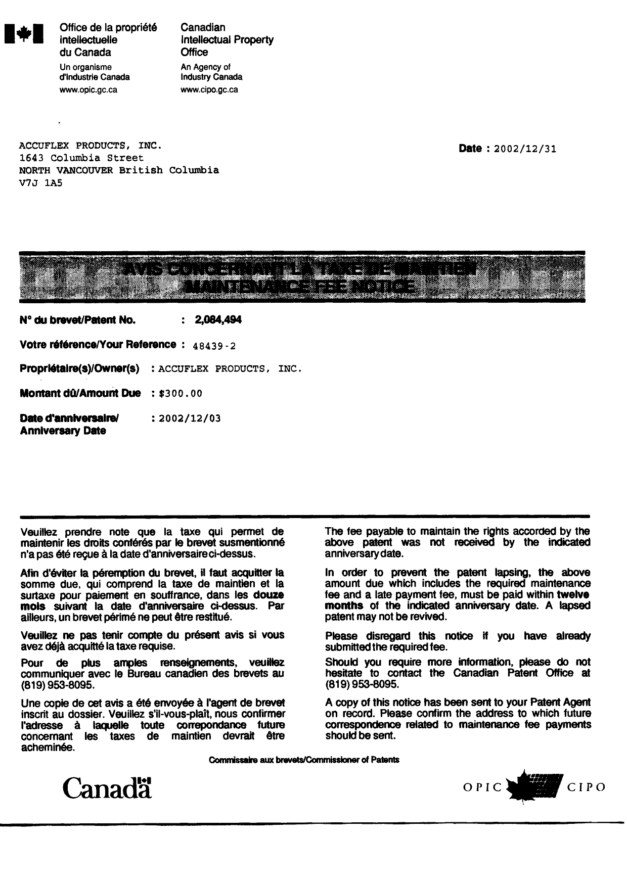 Canadian Patent Document 2084494. Correspondence 20011231. Image 1 of 2