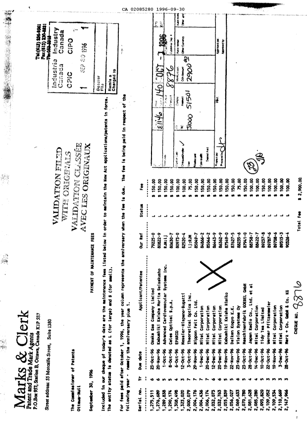 Canadian Patent Document 2085280. Fees 19960930. Image 1 of 1