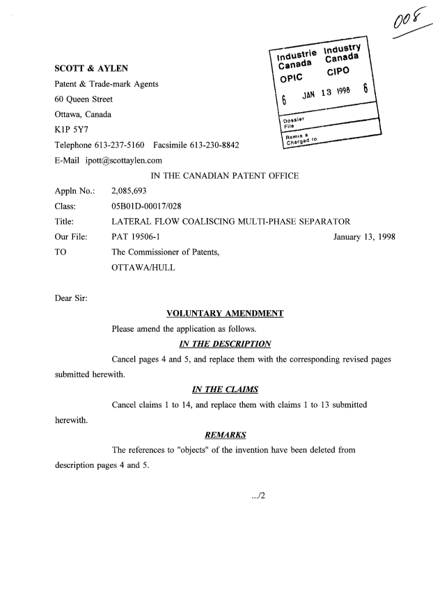 Canadian Patent Document 2085693. Prosecution-Amendment 19980113. Image 1 of 12
