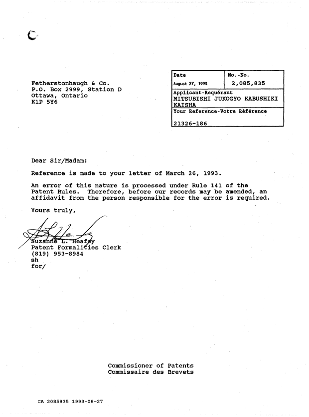 Canadian Patent Document 2085835. Office Letter 19930827. Image 1 of 1