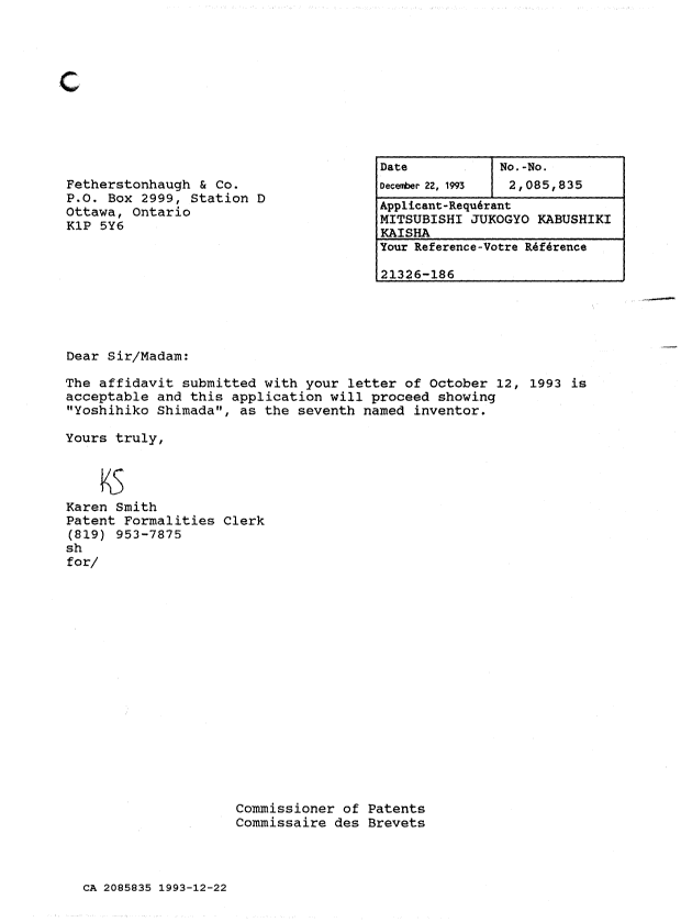 Document de brevet canadien 2085835. Lettre du bureau 19931222. Image 1 de 1