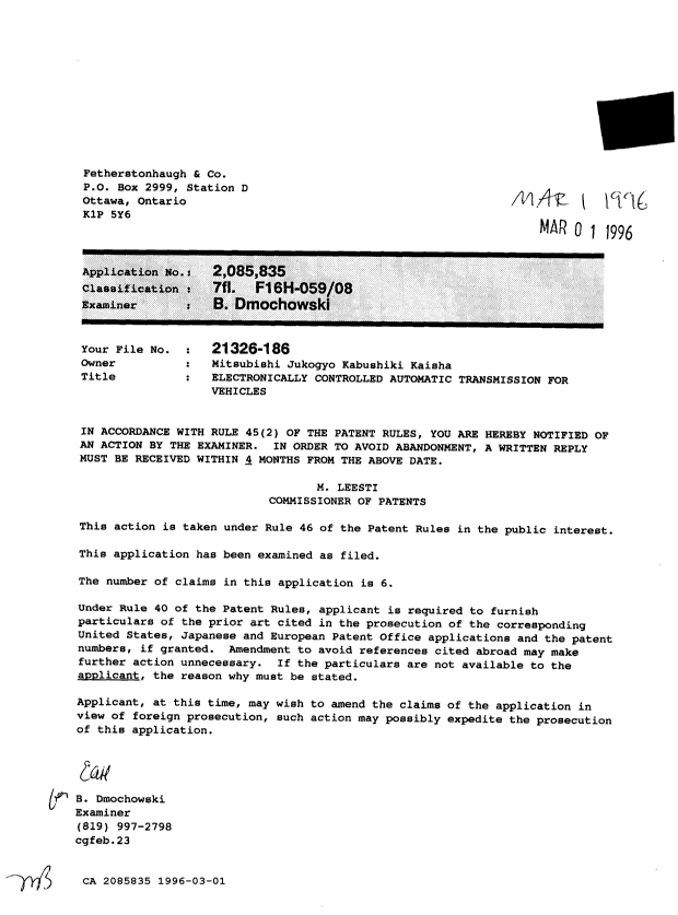 Document de brevet canadien 2085835. Demande d'examen 19960301. Image 1 de 1
