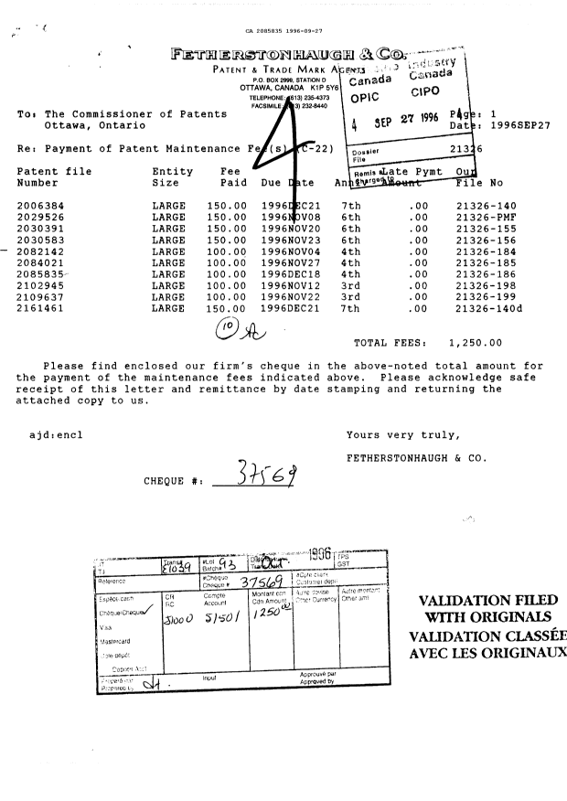 Canadian Patent Document 2085835. Maintenance Fee Payment 19960927. Image 1 of 1