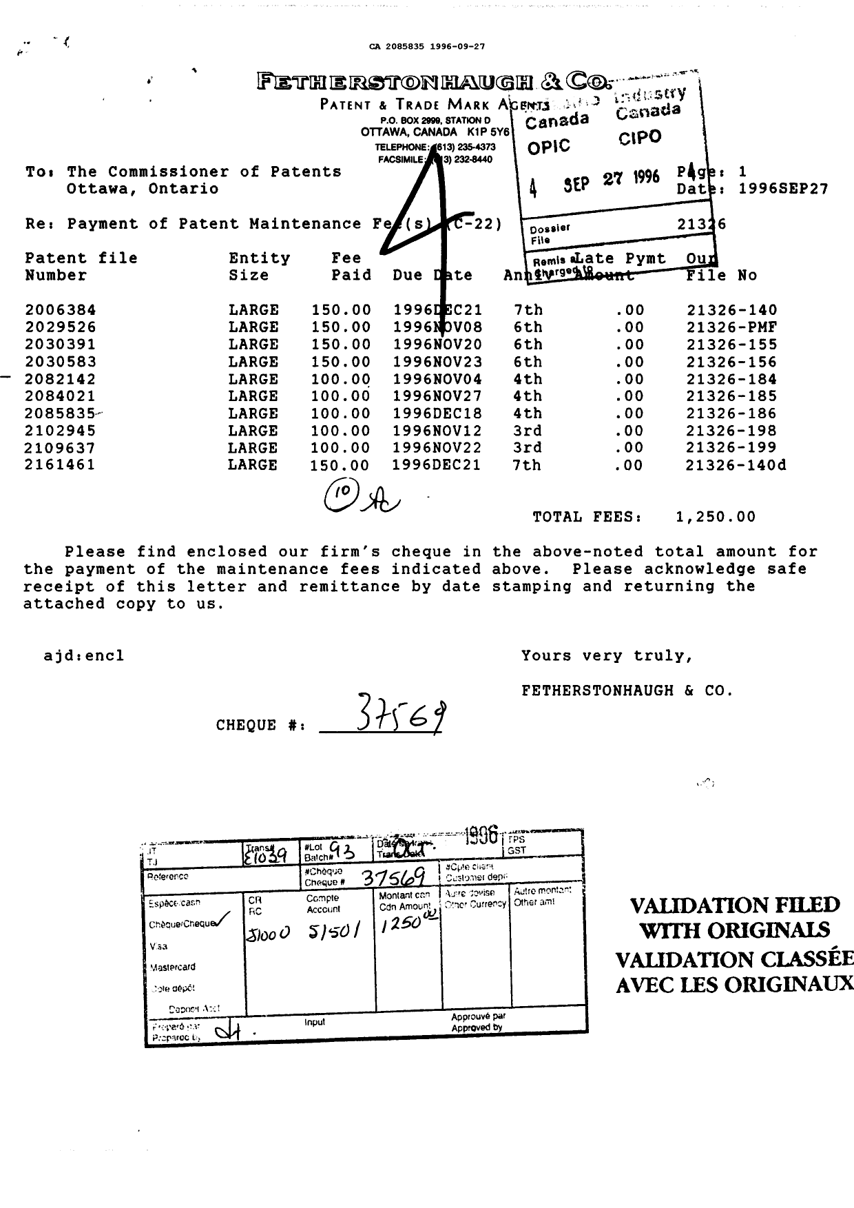 Canadian Patent Document 2085835. Maintenance Fee Payment 19960927. Image 1 of 1