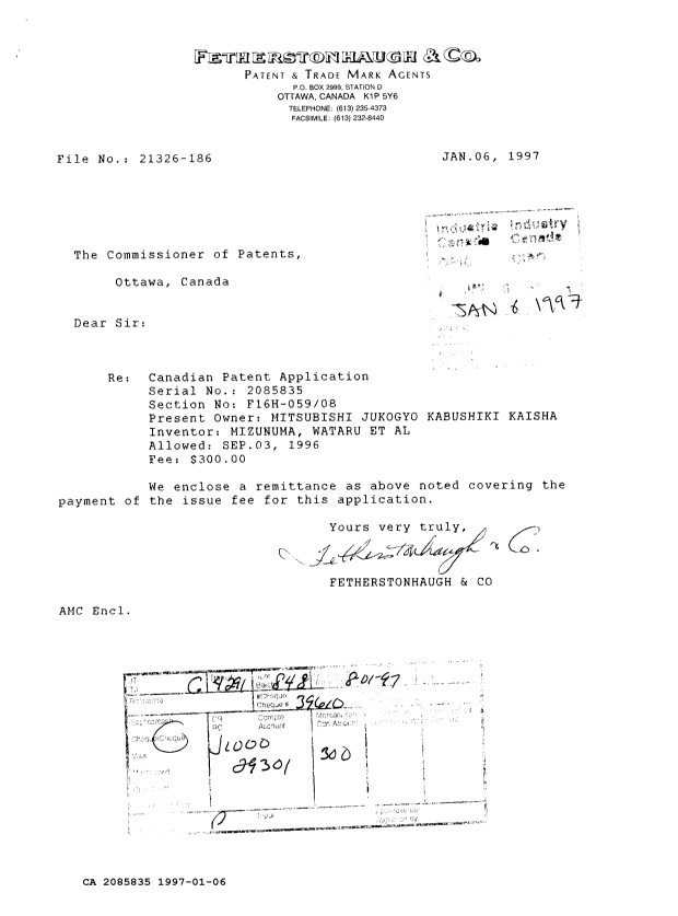 Document de brevet canadien 2085835. Correspondance reliée au PCT 19970106. Image 1 de 1