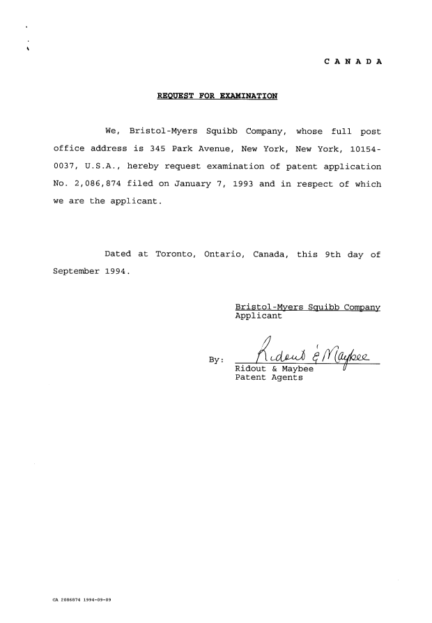 Canadian Patent Document 2086874. Prosecution Correspondence 19940909. Image 2 of 2