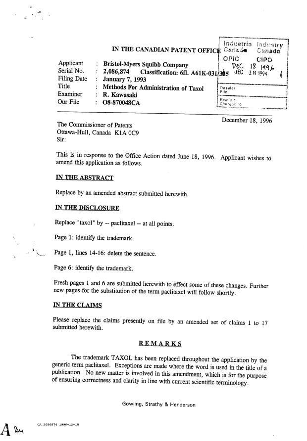 Canadian Patent Document 2086874. Prosecution Correspondence 19961218. Image 1 of 40