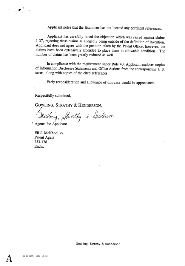 Canadian Patent Document 2086874. Prosecution Correspondence 19961218. Image 2 of 40