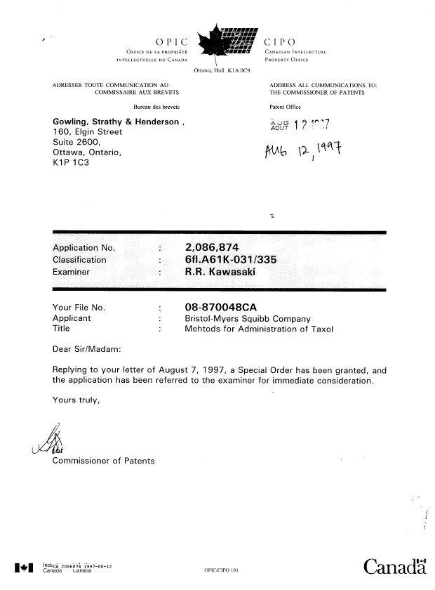 Canadian Patent Document 2086874. Office Letter 19970812. Image 1 of 1
