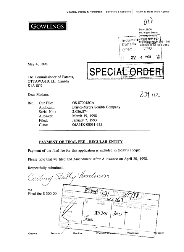Canadian Patent Document 2086874. Correspondence 19980504. Image 1 of 1