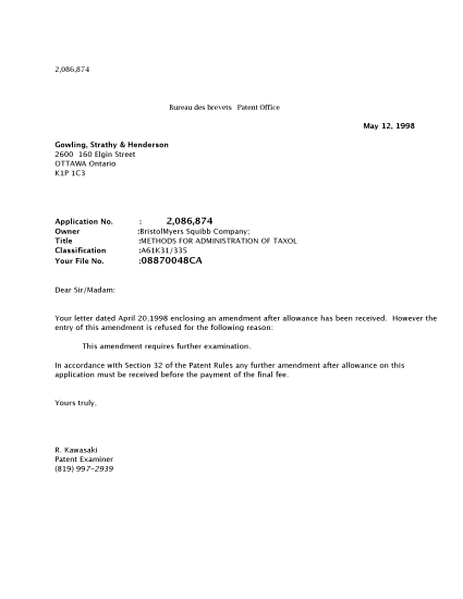 Canadian Patent Document 2086874. Prosecution-Amendment 19980512. Image 1 of 1
