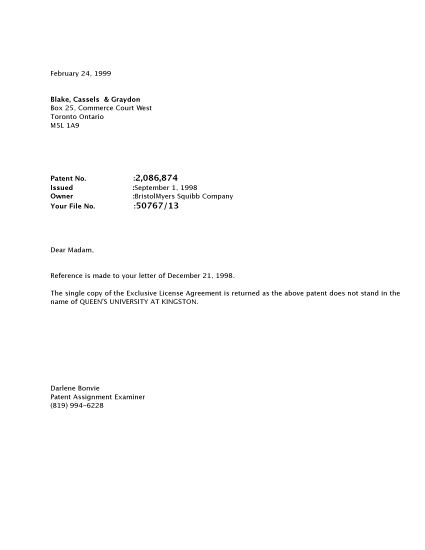 Canadian Patent Document 2086874. Correspondence 19990224. Image 1 of 1