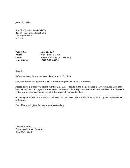 Canadian Patent Document 2086874. Correspondence 19990614. Image 1 of 1
