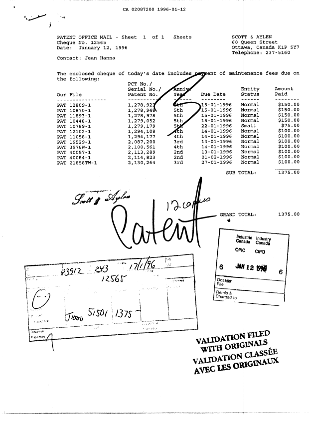 Document de brevet canadien 2087200. Taxes 19960112. Image 1 de 1
