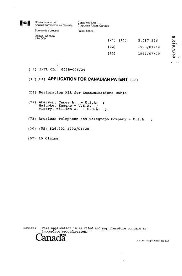 Document de brevet canadien 2087296. Page couverture 19940331. Image 1 de 1