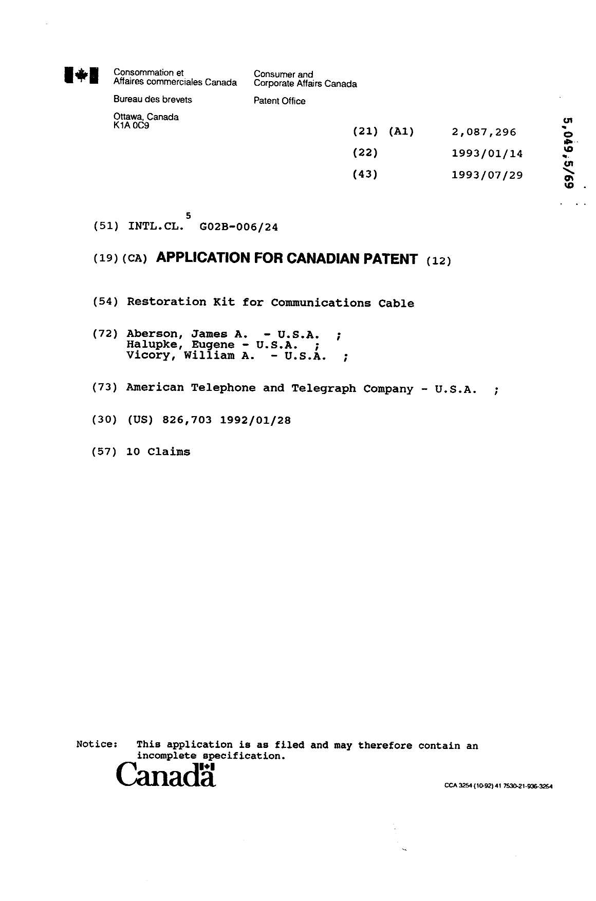 Canadian Patent Document 2087296. Cover Page 19940331. Image 1 of 1