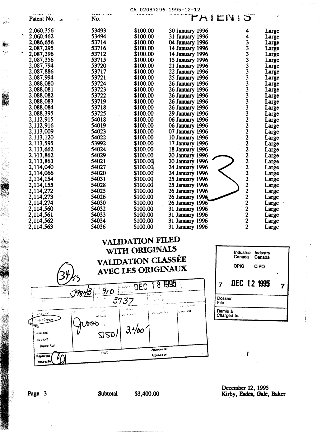 Canadian Patent Document 2087296. Fees 19951212. Image 1 of 1