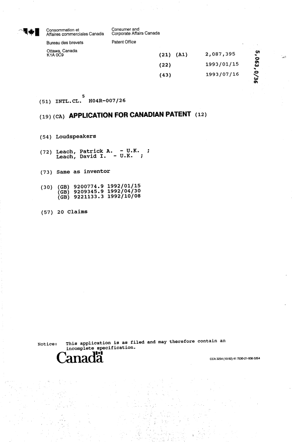 Canadian Patent Document 2087395. Cover Page 19940327. Image 1 of 1