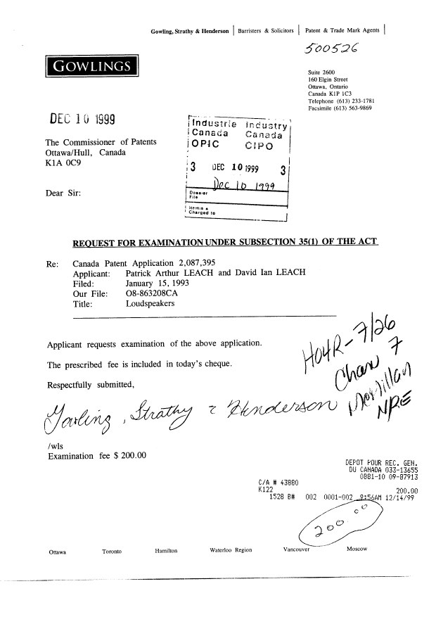 Canadian Patent Document 2087395. Prosecution-Amendment 19991210. Image 1 of 2