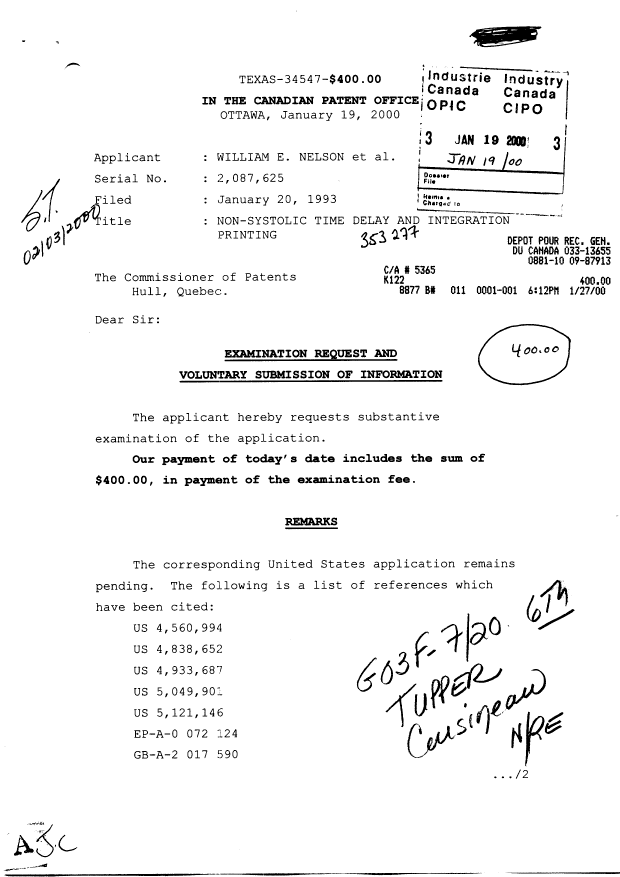 Canadian Patent Document 2087625. Prosecution-Amendment 20000119. Image 1 of 2