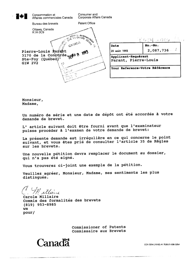 Document de brevet canadien 2087736. Correspondance 19930820. Image 1 de 12