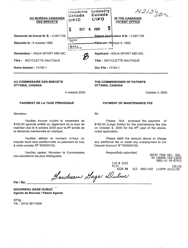 Document de brevet canadien 2087736. Taxes 20001004. Image 1 de 1