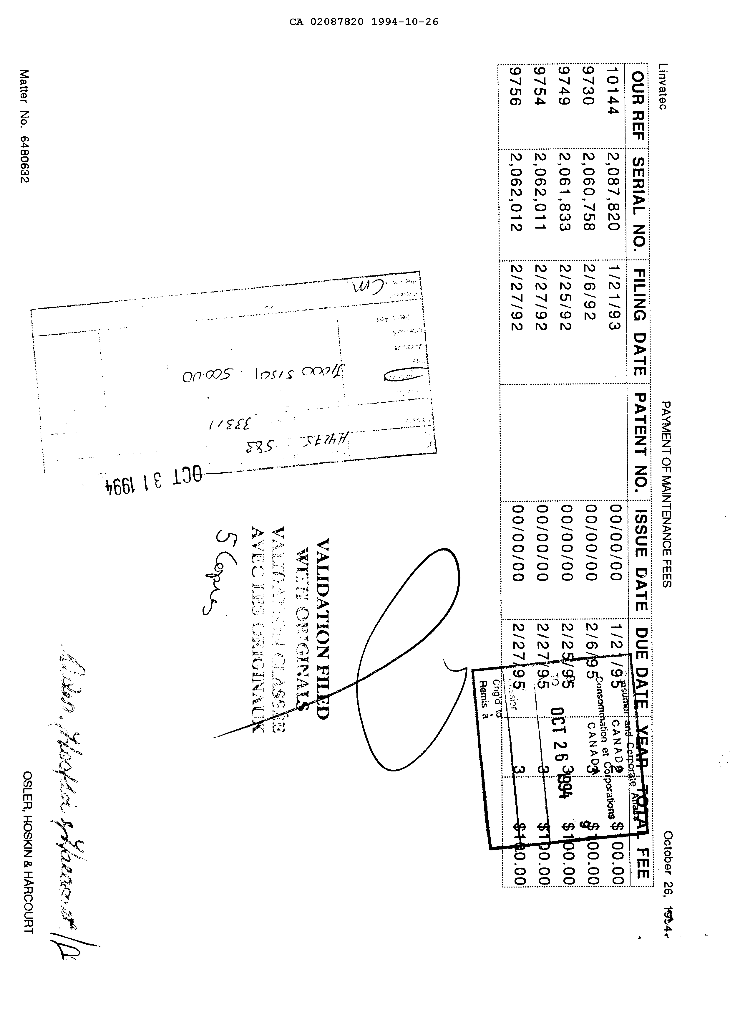 Canadian Patent Document 2087820. Fees 19931226. Image 1 of 1
