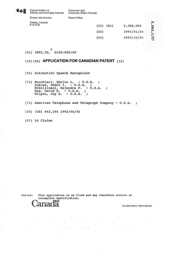 Canadian Patent Document 2088080. Cover Page 19931227. Image 1 of 1