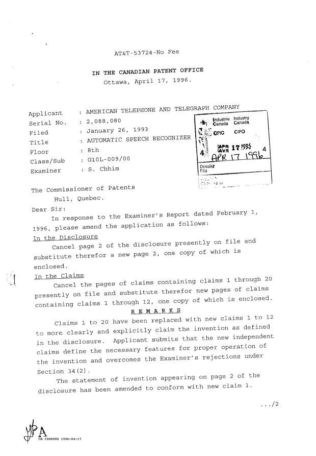 Canadian Patent Document 2088080. Prosecution Correspondence 19960417. Image 1 of 2
