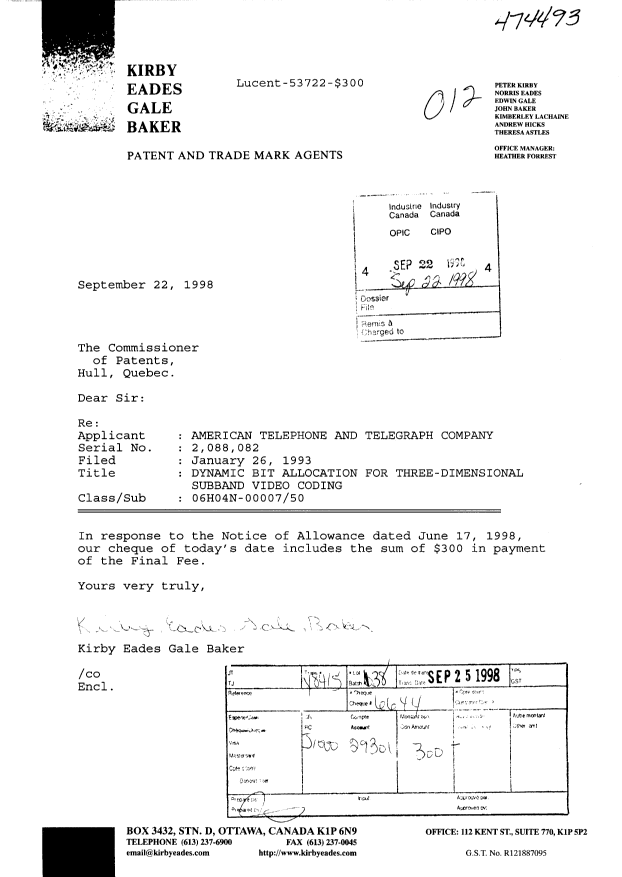 Document de brevet canadien 2088082. Correspondance 19980922. Image 1 de 1