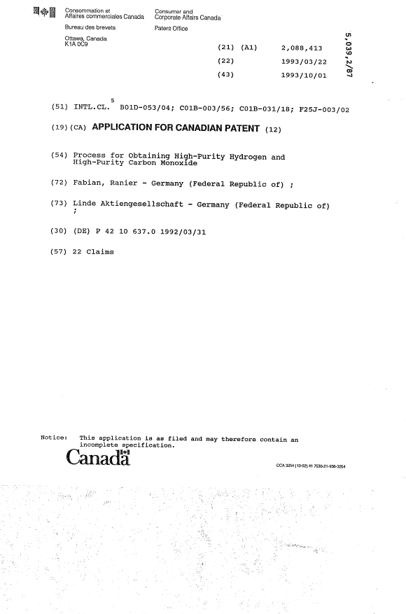 Document de brevet canadien 2088413. Page couverture 19931001. Image 1 de 1