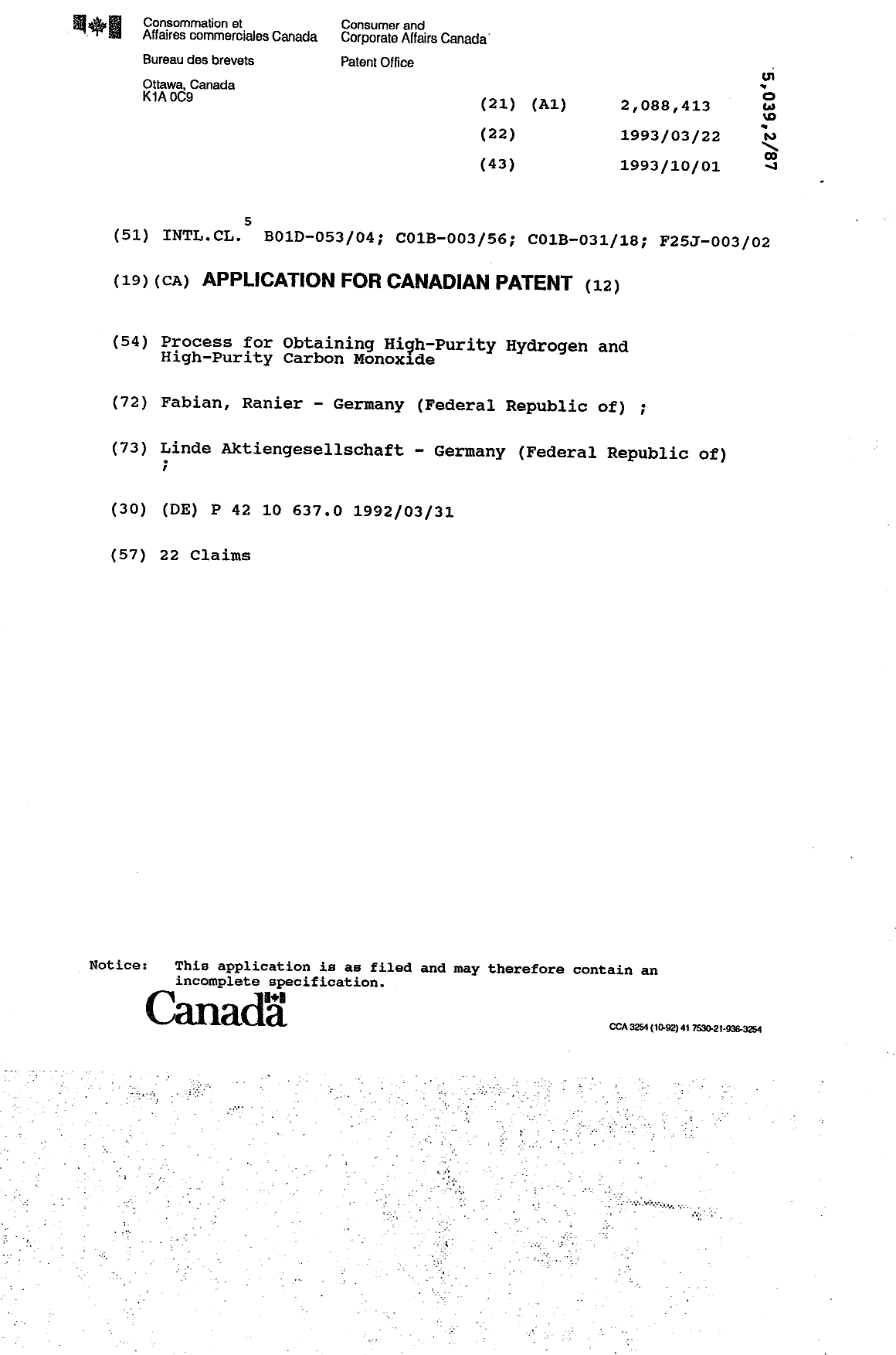 Canadian Patent Document 2088413. Cover Page 19931001. Image 1 of 1