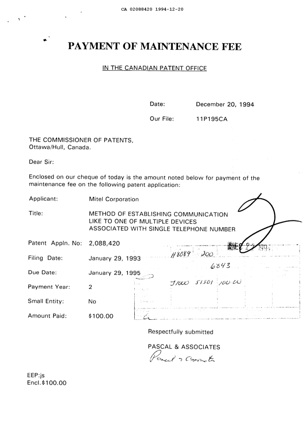 Document de brevet canadien 2088420. Taxes 19941220. Image 1 de 2