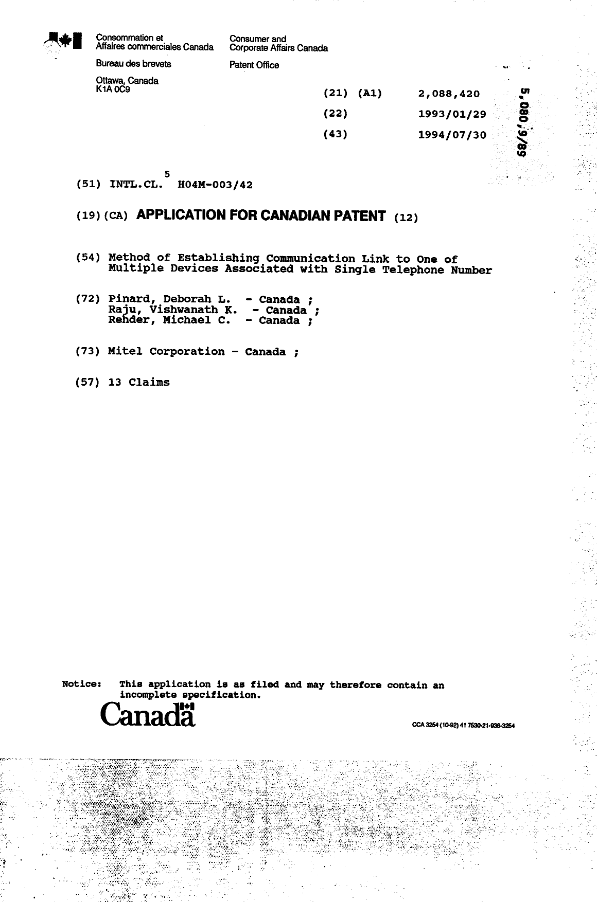 Canadian Patent Document 2088420. Cover Page 19950318. Image 1 of 1