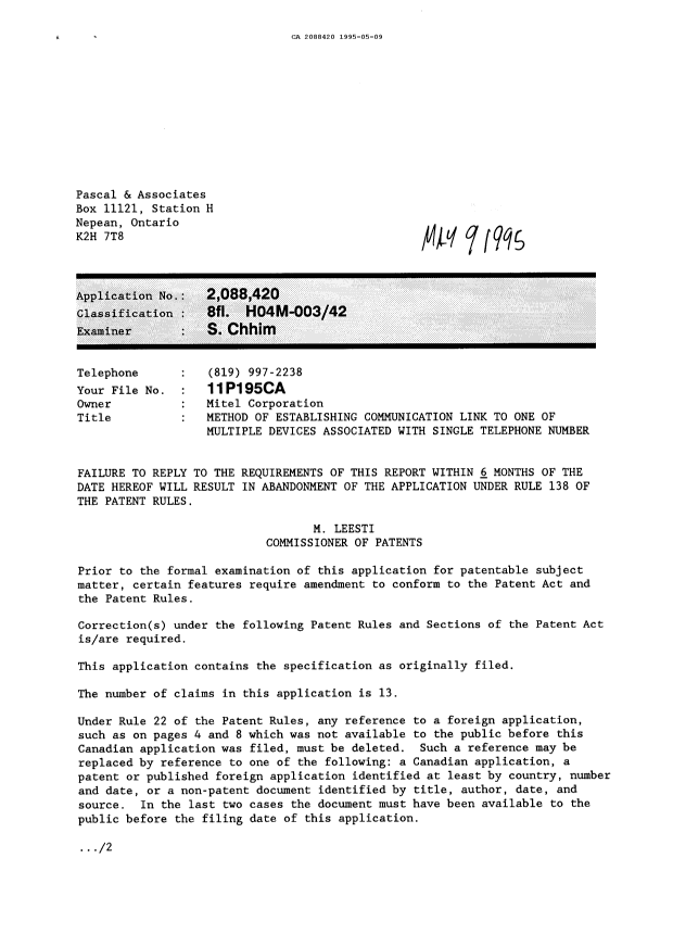 Document de brevet canadien 2088420. Demande d'examen 19950509. Image 1 de 2