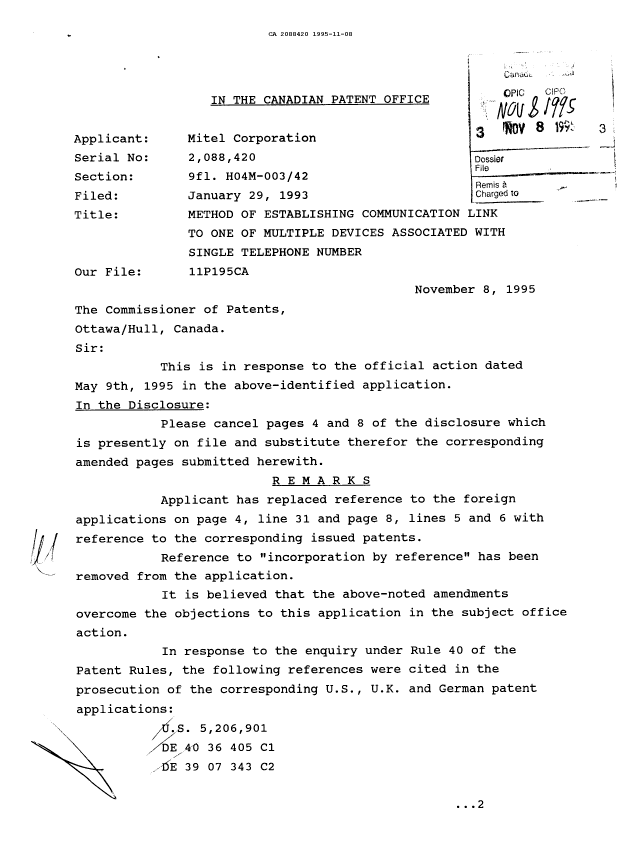 Canadian Patent Document 2088420. Prosecution Correspondence 19951108. Image 1 of 2