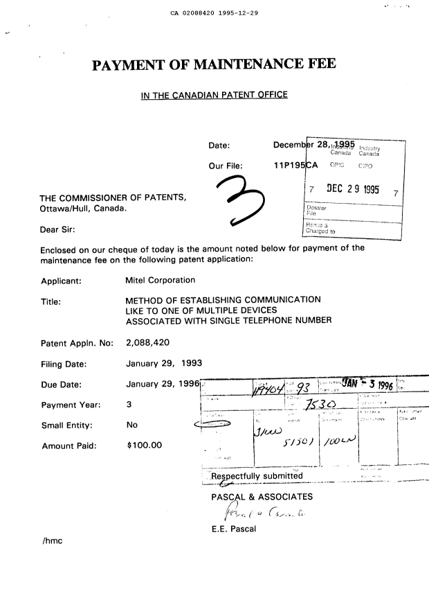 Document de brevet canadien 2088420. Taxes 19951229. Image 1 de 1