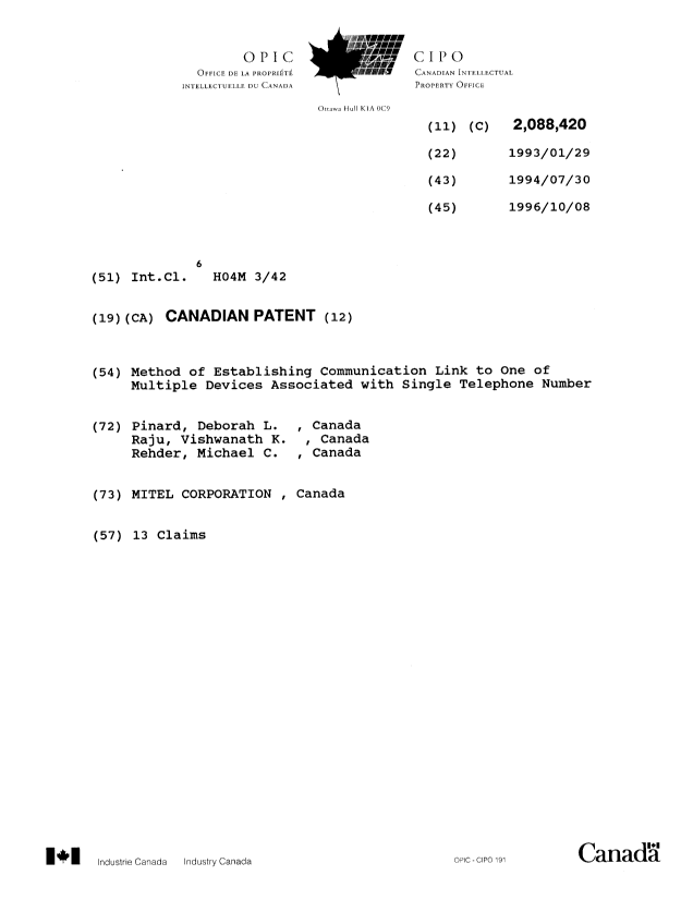Document de brevet canadien 2088420. Page couverture 19961008. Image 1 de 1
