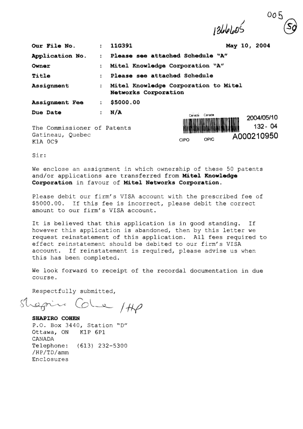 Document de brevet canadien 2088420. Cession 20040510. Image 1 de 4