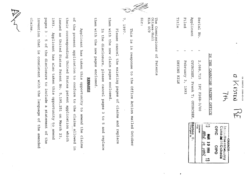 Canadian Patent Document 2088715. Prosecution Correspondence 19980319. Image 1 of 3